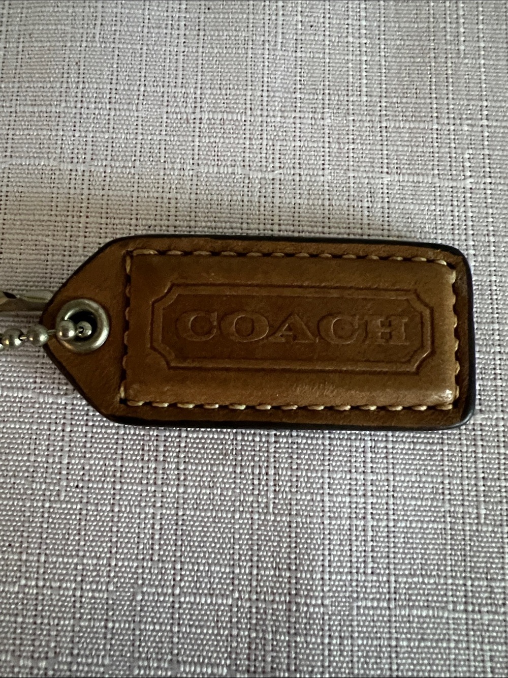 Coach Tan/Brown Leather Key Tag with Ball Chain
